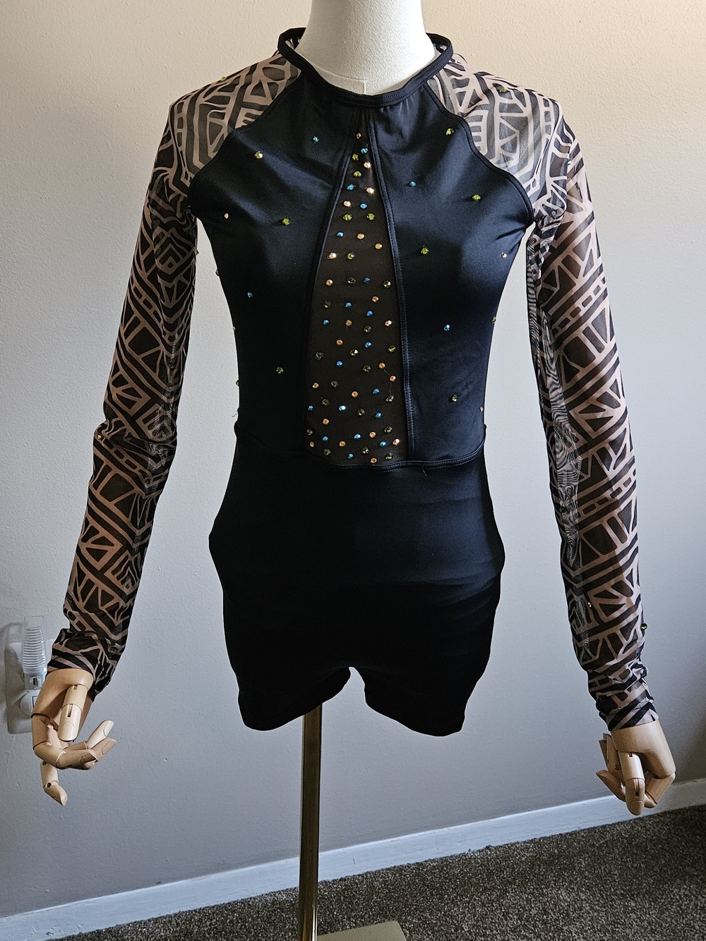 balera Black Long-Sleeve Mesh Panel Top with Multicolor Rhinestones